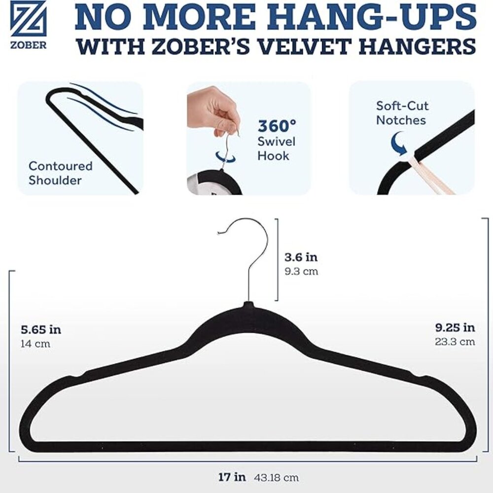 Black Velvet Clothing Hangers W/Tie Bar - Non-Slip, Swivel Hook, 20 pack, NWT - Picture 3 of 11